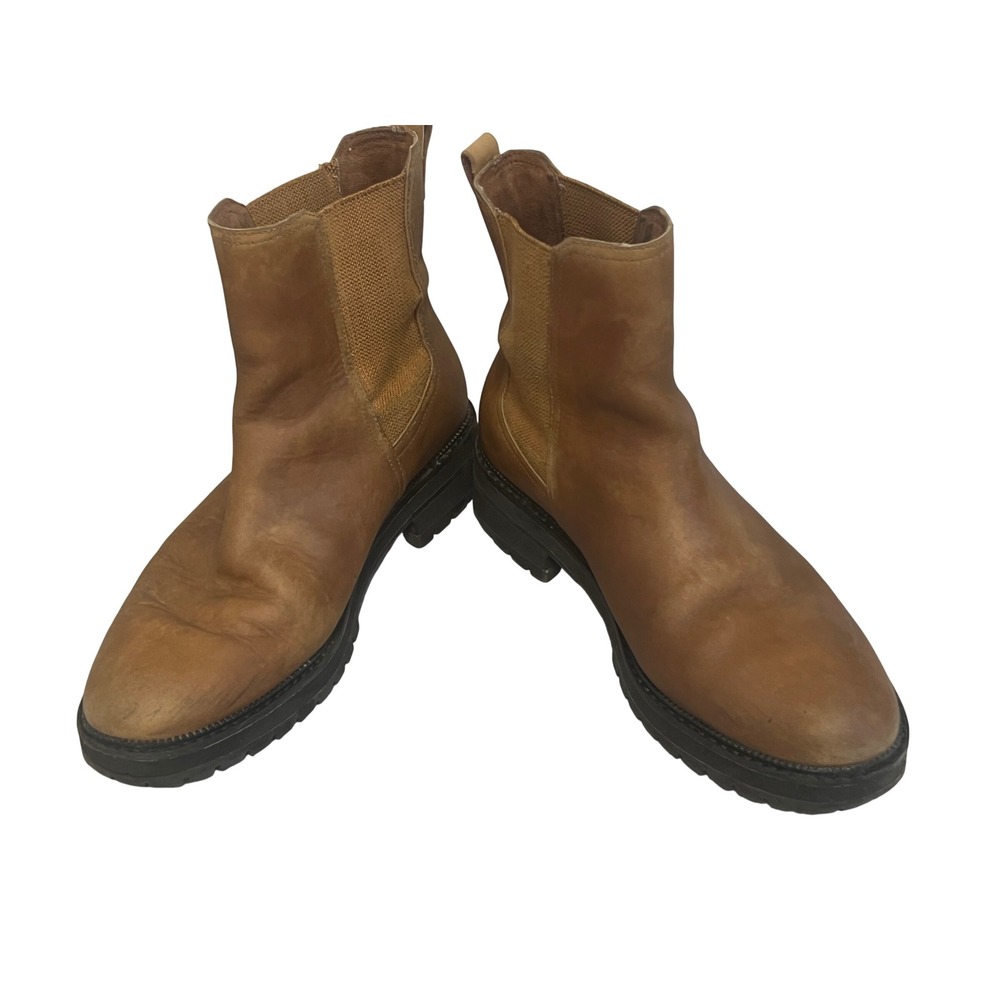 TOMS Chelsea Boots Women Sz 10 Tan Brown Leather Lug Sole Ankle Booties Rugged